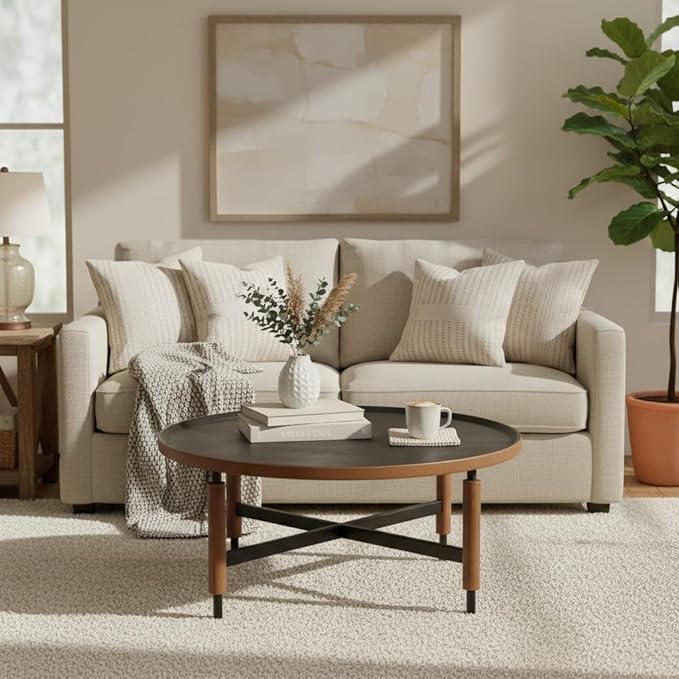 LukeAlon Modern Round Coffee Table Circle Wooden Table Top with Black Cross Legs Base, Rustic, Vintage, Living Room Easy Assembly, Black(31" D x 31" W x 13.5" H)