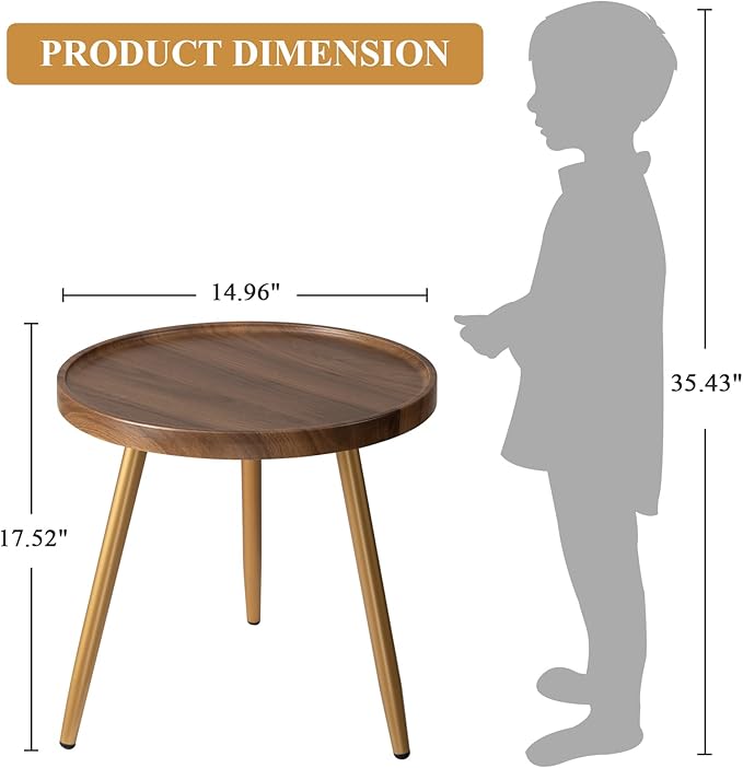 danpinera Round Side Table, Metal Legged Accent Table with Wooden Tray, Small Round End Table for Living Room, Bedroom, Nursery, Brown & Gold