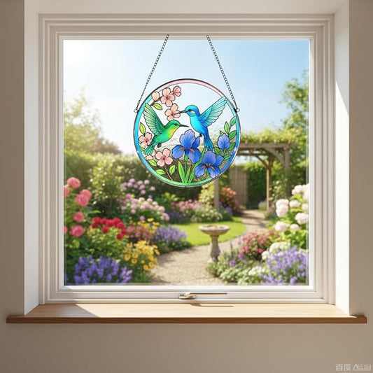 Stained Glass Sun Cather for Window Hanging, 8.6'' Hummingbird Suncatcher with Flowers for Indoor Ornament, Bird Stain Glass Home Decor for Women, Mother