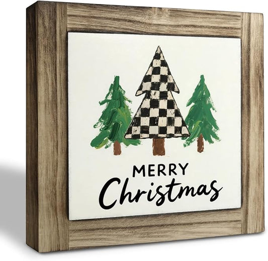 Merry Christmas Wood Sign, Real Wooden Box Sign, Farmhouse Home Decor for Table Shelves, Decorative Signs and Plaques, Christmas Decoration for Home Office Cafe Bar Club, Xmas Gift