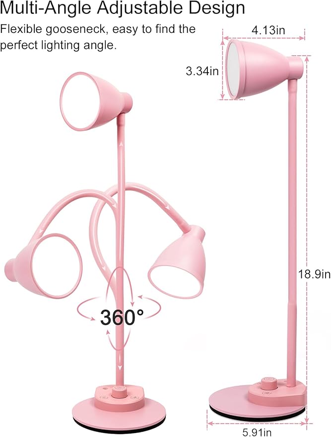 BOHON Cute Desk Lamp with USB Charging Port, Pink Lamp 3 Color Modes Dimmable LED Reading Lamp, Flexible Gooseneck Auto Dimming Table Task Light for Home Office Dorm Bedside, Pink