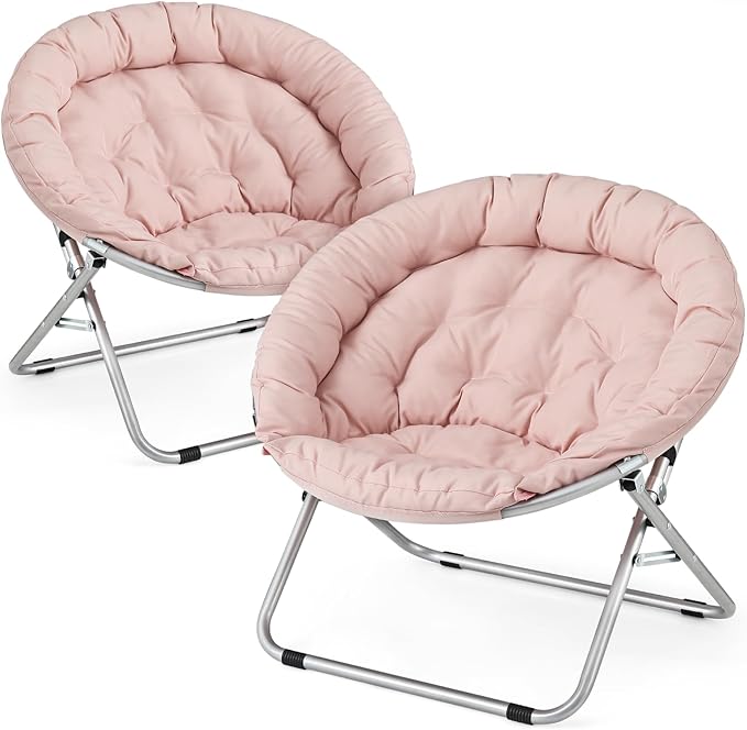 Athena Collection Comfy Saucer Chair, Folding Oversized Cozy Chair for Bedroom Living Room Fabric Reading Chair, Foldable Metal Frame Round Lazy Chair Moon Chair for Adult Set of 2, Pink