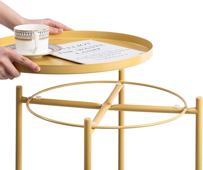 HollyHOME Round Metal Side Table, Outdoor Small Folding Accent Stand with Removable Tray, 17.72'' Portable End Table for Balconies, Gardens, Living Rooms and Bedrooms, Yellow