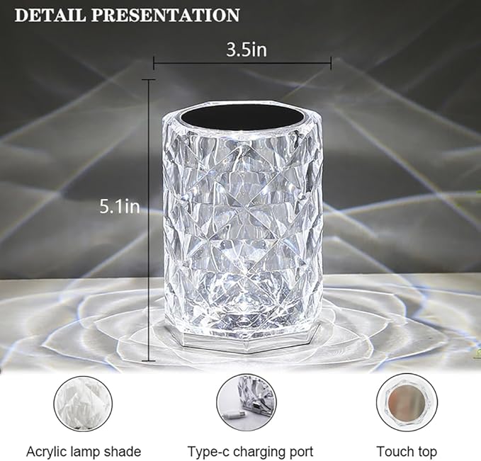 Portable Crystal Table Lamp, 3-Color Touch Control Rechargeable, 3-Levels Brightness Room Decor, Crystal Bedside Night Light for Kids, Bedroom & Dining Room (16 Color Rose)