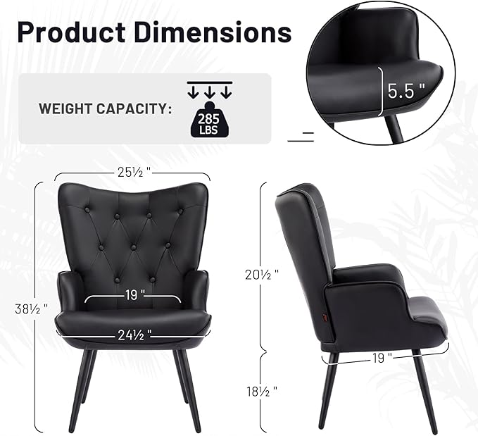Furniliving PU Leather Accent Chair for Living Room, Upholstered Reading Chair with High Backrest, Tufted-Button Wingback Armchair for Bedroom, Dressing Room, Home Office, Set of 2, Black