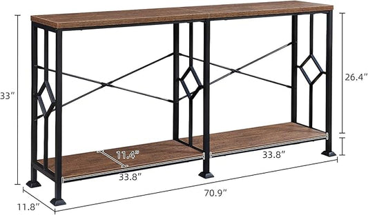 HOMISSUE Long Entryway Console Table, 70.9" Industrial Narrow Sofa Tables Behind Couch with 2 Tier Storage Shelf for Hallway, Living Room, Rustic Brown