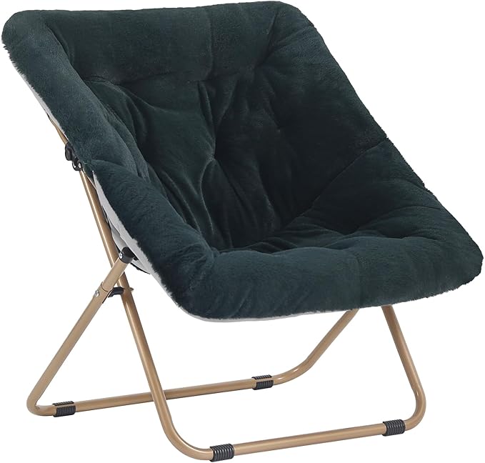 Saucer Chair, Comfy Bedroom Chairs, Oversized Folding Faux Fur Chair, Foldable Metal Frame Chair for Bedroom, Living Room, Balcony, Patio, Study, Playroom (Dark Green)