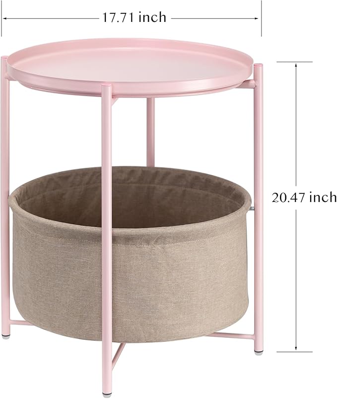 danpinera Round Side Table with Fabric Storage Basket, Metal Side Table Small Bedside Nightstand with Removable Tray Top for Living Room, Bedroom, Nursery, Laundry, Light Pink