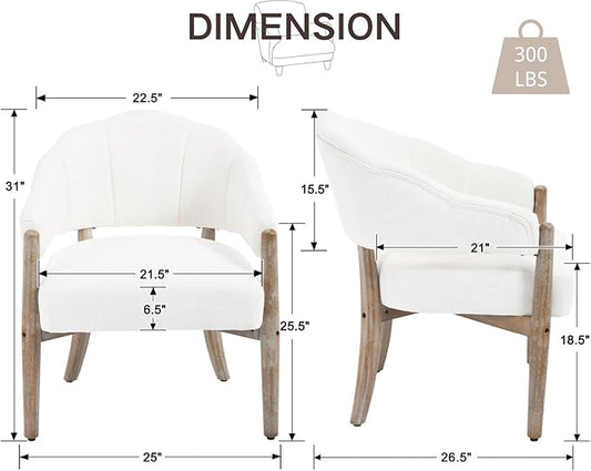 CIMOTA White Accent Chair, Farmhouse Fabric Barrel Chair Linen Upholstered Armchair with Wood Legs, 21.5" Wide Comfy Reading Chair Side Sitting Chair for Living Room/Bedroom/Makeup