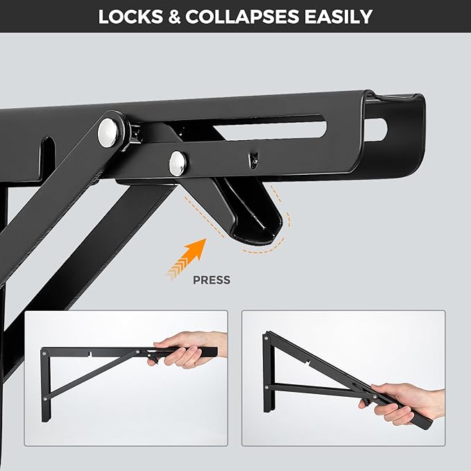JOY DECOR 8 Inch Heavy Duty Folding Shelf Brackets, 2 Pack (1 Pair) Collapsible Wall Mounted Brackets for Fold Down Table, Stainless Steel Folding Table Hinge, Matte Black