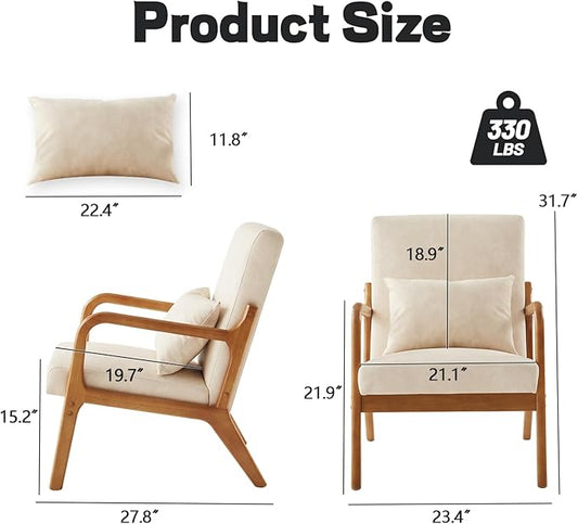 Accent Chair Mid Century Modern Armchair with Lumbar Support Pillow Wood Legs PU Leather Upholstered Lounge Chairs Comfy High Back Cushion for Living Room Bedroom