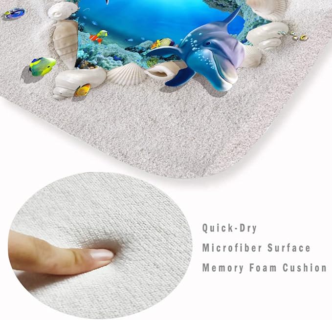 Bath Rugs Sponge Foam Absorbent Soft for Bathroom and Kitchen (71 x 24 inches), Flannel Mat Non Slip Bright 3D Print for Bedside and Living Room(Heart-Shaped Beach Dolphin)