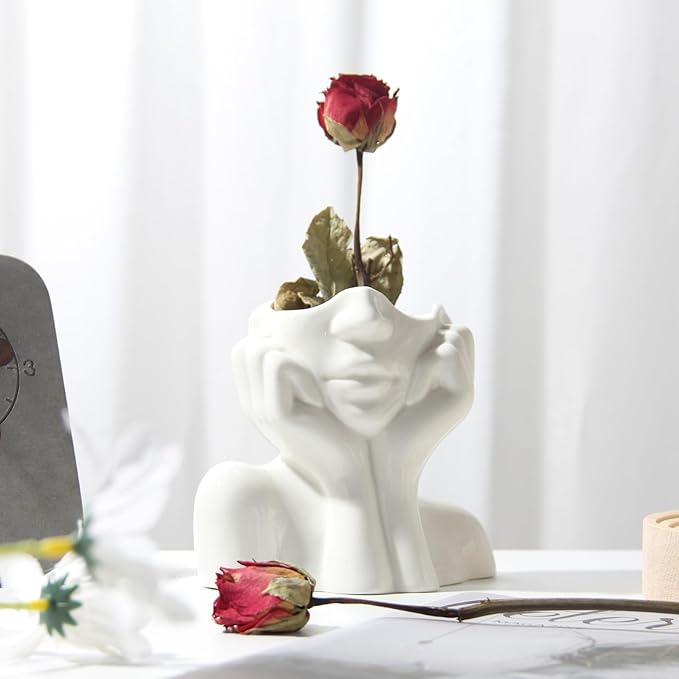 Face Vase,Ceramic Body Vase Female Form Ideal Shelf Decor,Modern Flower Vase for Table Decor,Farmhouse Small vase Bookshelf Decor 7.09'' L X 5.91'' H