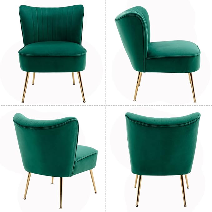 Velvet Accent Chair Set of 2 Comfy Living Room Chairs with Golden Legs Wingback for Bedroom Guest Room, Green