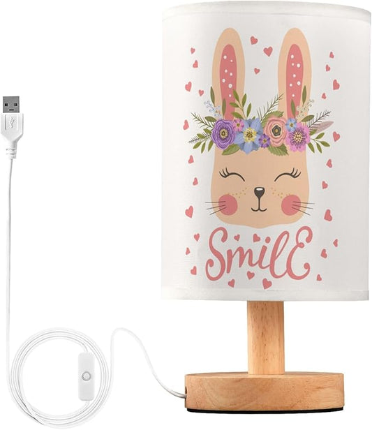 Table Lamp Easter Bunny in Floral Wreath Heart Nightstand Lamp with Wood Base Fabric Lamp Shade Bedside Desk Lamp for Living Room Bedroom Kids Room Office