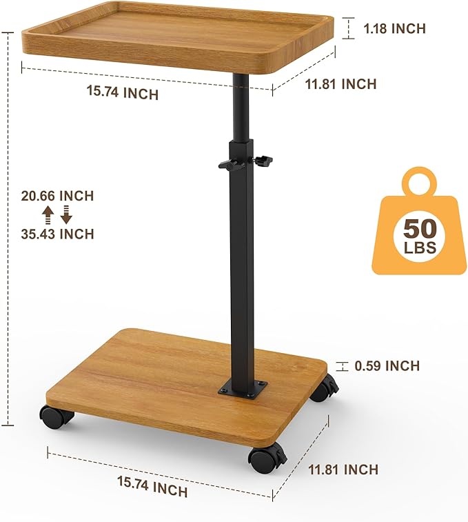 C Shaped End Table Adjustable Height, Couch Tables That Slide Under with Wheels, 360° Swivel C Side Table for Couch, Sofa, Living Room, Bedroom, Small Spaces (Wooden Veneer)