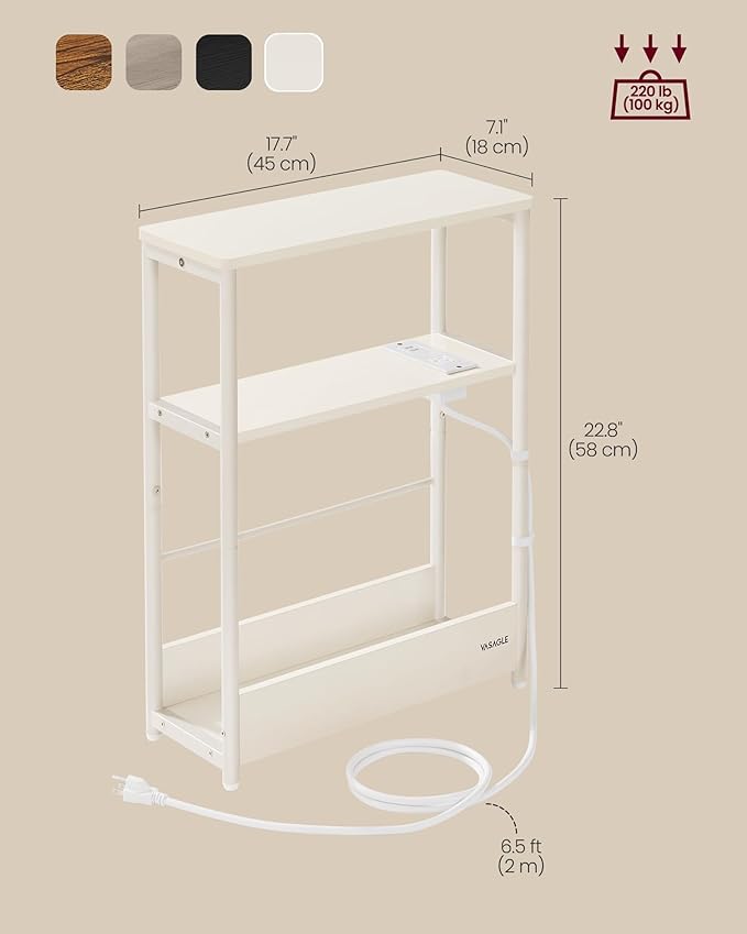 VASAGLE Side Table with Charging Station, Narrow End Table, 3-Tier Nightstand, Sofa Table for Small Spaces, Magazine Rack, for Living Room, Bedroom, Study, Cream White ULET335W01