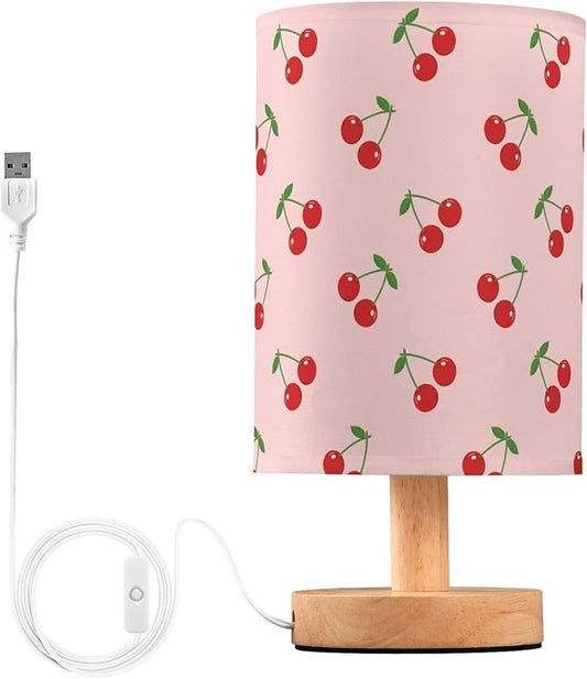 Table Lamp Pretty Cherry Pattern on Pink Nightstand Lamp with Wood Base Fabric Lamp Shade Bedside Desk Lamp for Living Room Bedroom Kids Room Office