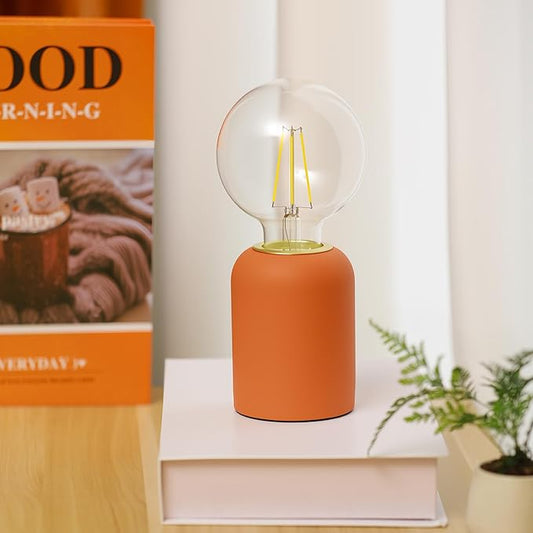 Mini Modern Orange Red Concrete Bedside Table Lamp, 3.5 x 3.5 x 8.5 Inch Nightstand Lamps, with Spherical Bulb Round Side Table Lamp for Bedroom Living Room Entryway Table Lamps