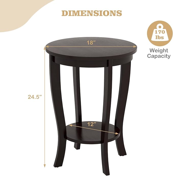 Giantex Round End Tables Set of 2, 2 Tier Side Table with Storage Shelf and Solid Wood Legs, 18" x 18" Accent Table for Corner Small Spaces, Compact Night Stand for Living Room Bedroom, Espresso