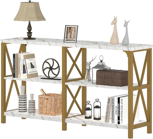 IBF Modern 3 Tier Entryway Table, Industrial Metal Wood TV Console Table with Storage Shelves, Farmhouse White Faux Marble and Gold Sofa Accent Table for Hallway Entry Way Foyer Living Room, 55 Inch