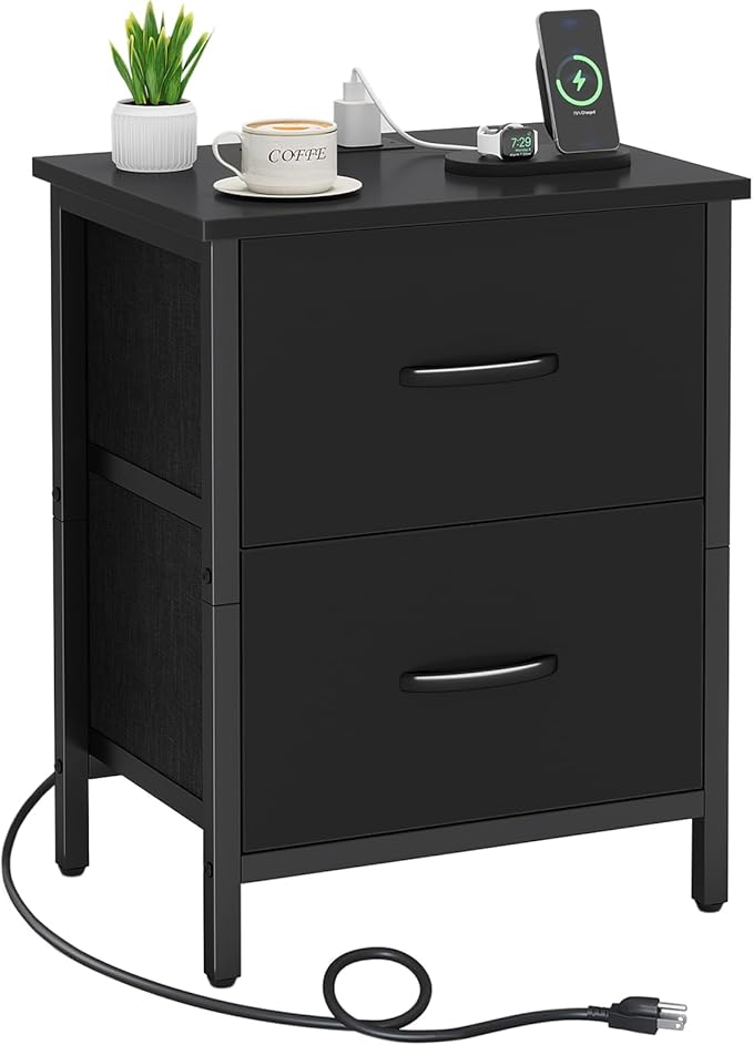 Vagusicc Nightstand with Charging Station, Bedside Table with USB Ports and Outlet, End Table Side Table with 2 Fabric Drawers for Bedroom, Living Room, Black