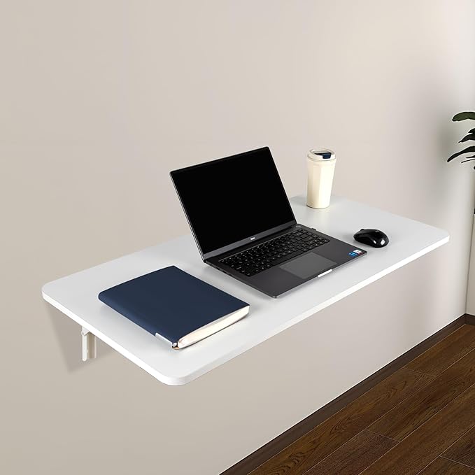 Wall Mounted Folding Table 39.4”L x 19.7”W, Laundry Folding Table with Heavy Duty Metal Collapsible Shelf Brackets, Wall Mounted Desk Fold Down for Small Spaces, White