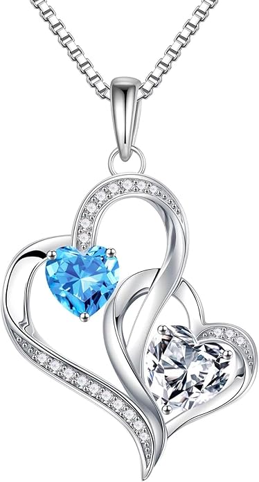 Iefil Christmas Gifts for Women - Double Heart Birthstone Necklace, 925 Sterling Silver Heart Pendant Necklace, Anniversary Birthday Gifts for Women | Personalized Jewelry Gift for Wife Mom Girlfriend