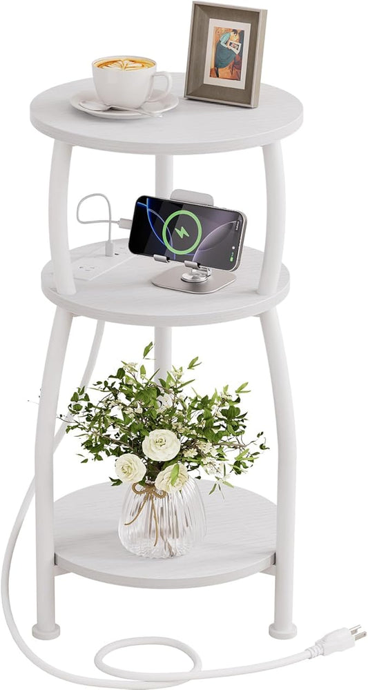 Round Side Table with Power Outlet & USB Ports, 3-Tier End Table with Storage Shelf, Modern Rustic Nightstand, Small Spaces Accent Table for Living Room Bedroom, Easy Assembly, White