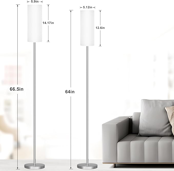 Ambimall 66'' Floor Lamps for Living Room with Remote Control and Stepless Dimmable Colors Temperature & Brightness, 9W Bulb Included(White Lampshade & Silver Pole)