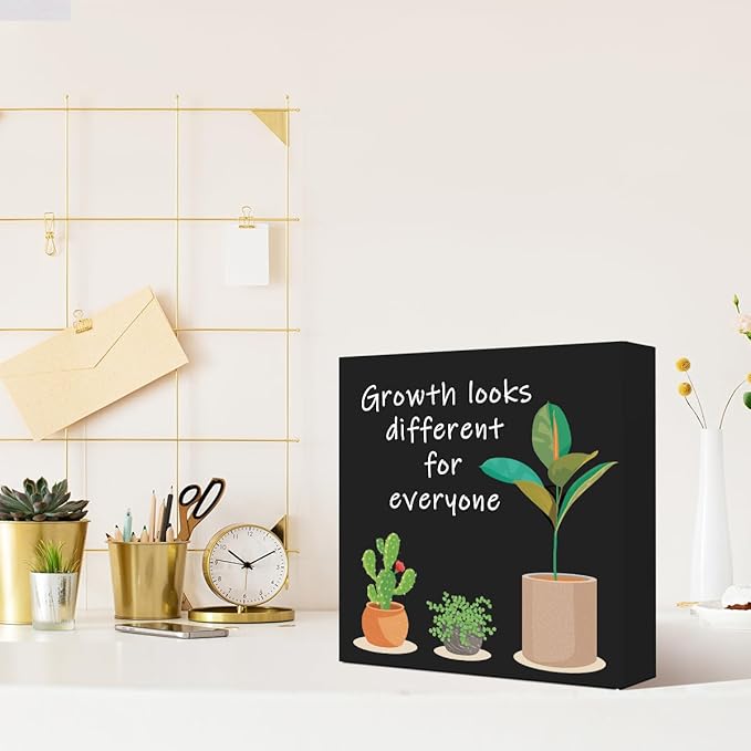 LVQHI Black Inspirational Wood Block Sign,Growth Looks Different for Everyone Plant Motivational Wooden Block Sign for Home Bedroom Office Desk Table Decor,Inspirational Cheer Up Gift for Coworker