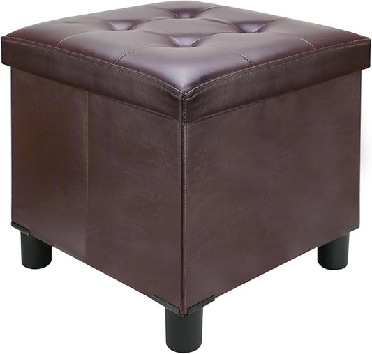 18 Inches Cube Storage Ottoman, Faux Leather Collapsible Square Folding Ottoman Furniture with Storage for Living Room Bedroom, Foot Rest Foot Stool with Legs, Brown 18x18x18 Inches