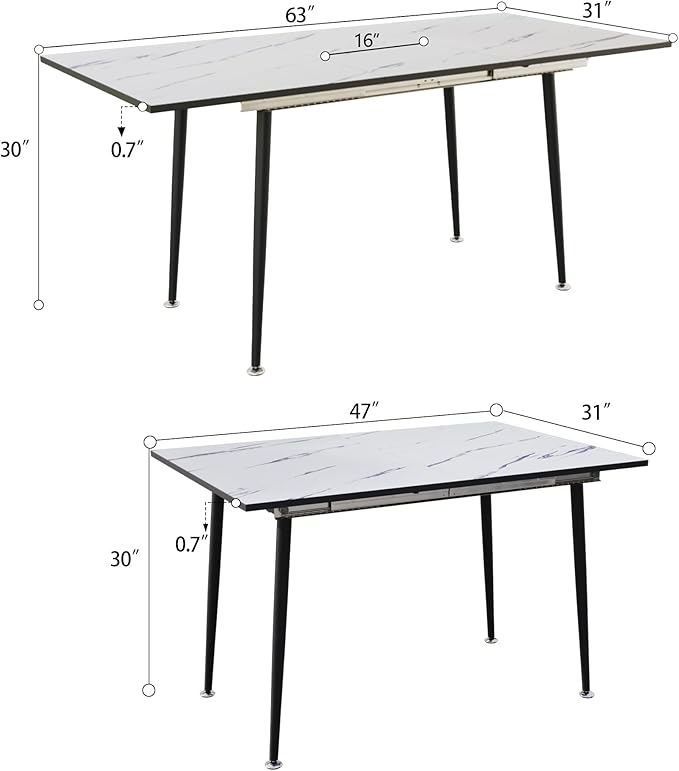 Marble Dining Table for 4-6, 47''-63'' Extendable Dining Table, Modern Kitchen Table, Space Saving Rectangular Table for Office and Dining Room (White)