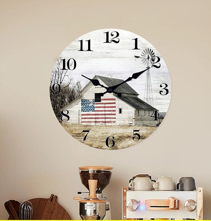 XFM Farmhouse Wall Clock 12 Inch Silent Non-Ticking Battery Operated Rustic Barn Wooden Clocks Country Round Clock for Kitchen Bedroom Living Room