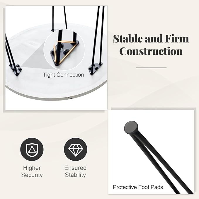 Giantex Round Coffee Table, Faux Marble Center Table with Metal Legs, Sofa Accent Side Table, Modren Coffee Tables for Living Room, Bedroom, Balcony, Small Space (White)