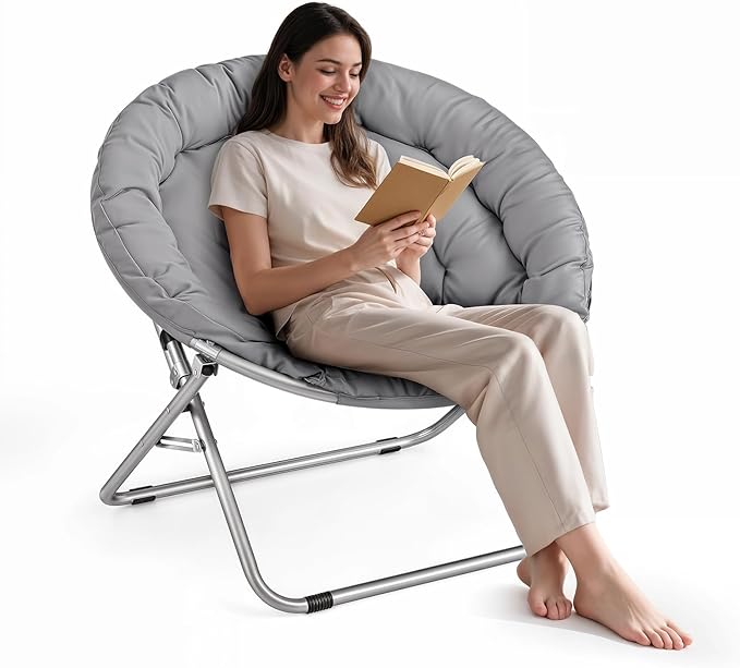 Athena Collection Comfy Saucer Chair Folding Cozy Chair for Bed Room Living Room Accent Chair Fabric Reading Chair Foldable Metal Frame Lazy Chair Moon Chair for Adult, Gray