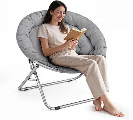 Athena Collection Comfy Saucer Chair Folding Cozy Chair for Bed Room Living Room Accent Chair Fabric Reading Chair Foldable Metal Frame Lazy Chair Moon Chair for Adult, Gray