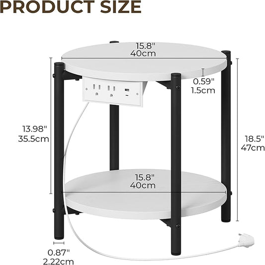 LIKIMIO 15.8" W Small Round Side Table with Charging Station, 2-Tier End Table with Lower Shelf, Wooden Nightstand for Small Spaces, Living Room, Bedroom, White