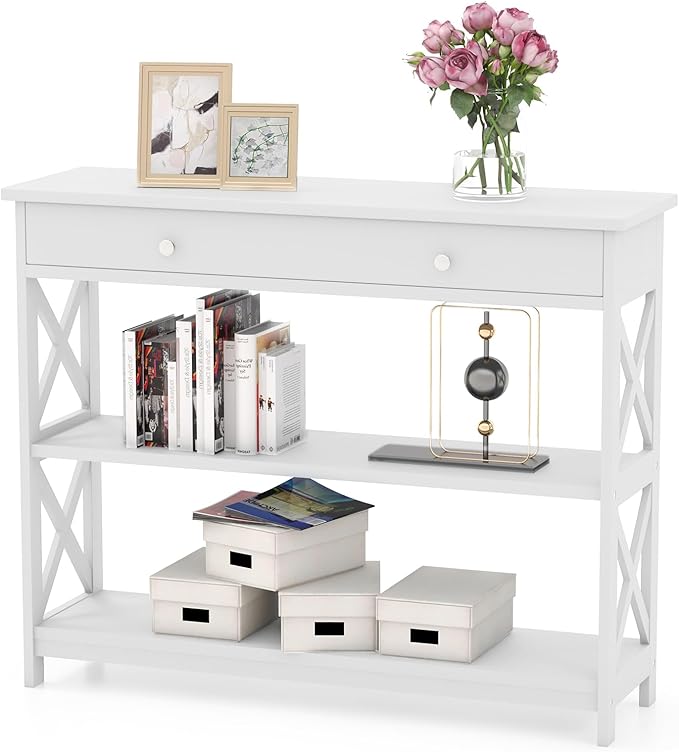 GOFLAME 39" Console Sofa Table with Drawers, 3-Tier Narrow Entry Table with Storage Shelves for Living Room Behind Couch, Entryway, Hallway (White)