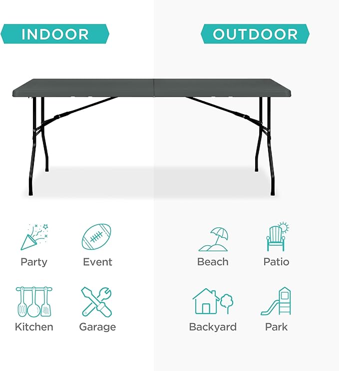 Best Choice Products 6ft Plastic Folding Table, Indoor Outdoor Heavy Duty Portable w/Handle, Lock for Picnic, Party, Camping - Dark Gray