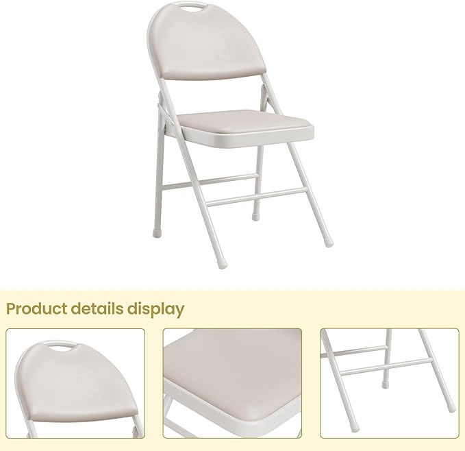 IDEALHOUSE 4 Pack Folding Chairs with PU Leather Padded Cushion, 350lbs Capacity, Lightweight Ergonomic Design, Metal Frame, Indoor Outdoor Portable Stackable Seats for Home Office Party Events，Beige