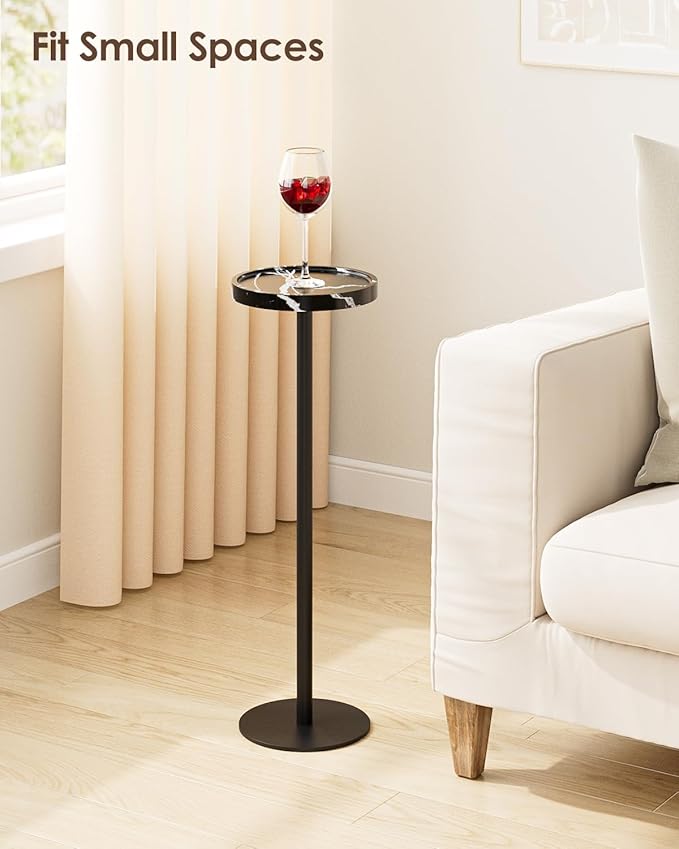 Drink Table, Small Pedestal Side Table, Round Cocktail Table, Circle Accent End Table with Metal Base, for Small Spaces (1, Black Marble)