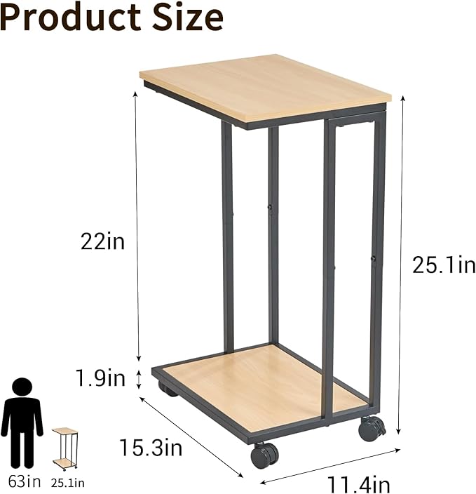 C-Shaped End Table for Couch, Slide Under Sofa Snack Table, Small TV Tray, C Table with Wheels, Laptop Desk for Living Room, Bedroom, Small Spaces,White Maple