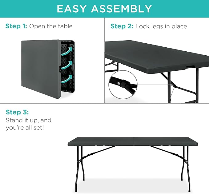 Best Choice Products 6ft Plastic Folding Table, Indoor Outdoor Heavy Duty Portable w/Handle, Lock for Picnic, Party, Camping - Dark Gray