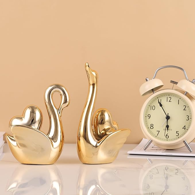 Loving Swan Figurine with Gold Heart Statue, Ceramic Animal Regalos Para Parejas, Cute Figurines Pottery Gifts for Anniversary, Couple Swan Sculpture for Women Dresser Knick Knacks Shelves Show Pieces