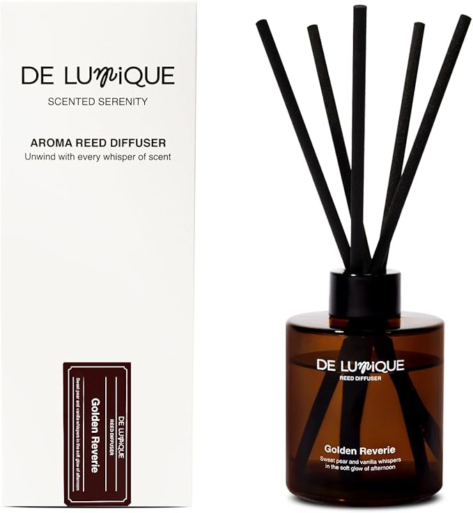 Aroma Diffuser for Home – Golden Reverie Reed Diffuser with Essential Oils – Long Lasting Room Scent Diffuser, Vanilla Pear Scent – 150ml