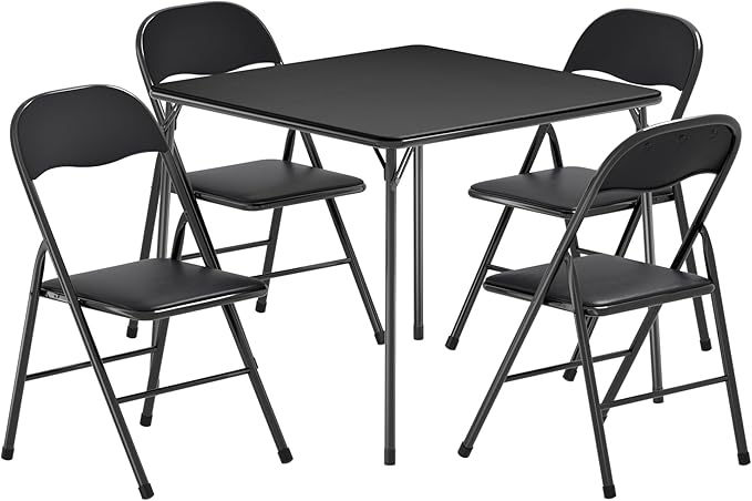 VECELO Folding Card Table and Chair Set of 5 Foldable with Padded Upholstery Tabletop, Metal, Black