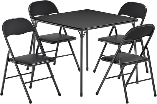 VECELO Folding Card Table and Chair Set of 5 Foldable with Padded Upholstery Tabletop, Metal, Black
