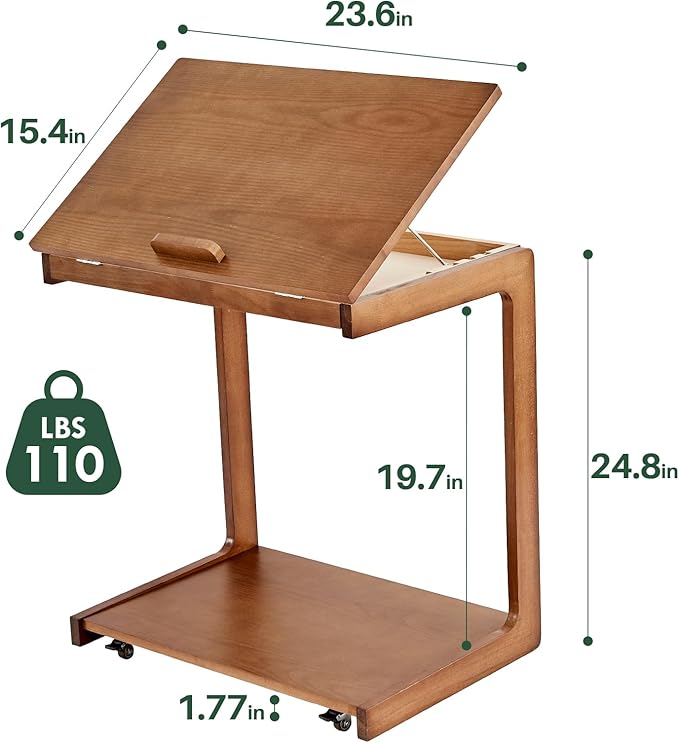 C Shaped Rolling End Table with Wheels - Solid Wood Side Table for Couch, Wooden Modern Tv Tray Bedside Tables for Sofa Armchair Living Room Bedroom, Walnut, 15.4 in x 23.6 in x 24.8 in