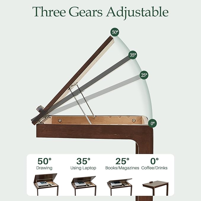 C Shaped Rolling End Table with Wheels - Solid Wood Side Table for Couch, Wooden Modern Tv Tray Bedside Tables for Sofa Armchair Living Room Bedroom, Brown, 15.4 in x 23.6 in x 24.8 in